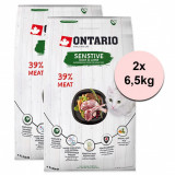 Ontario Cat Sensitive rață și miel 2 x 6,5 kg