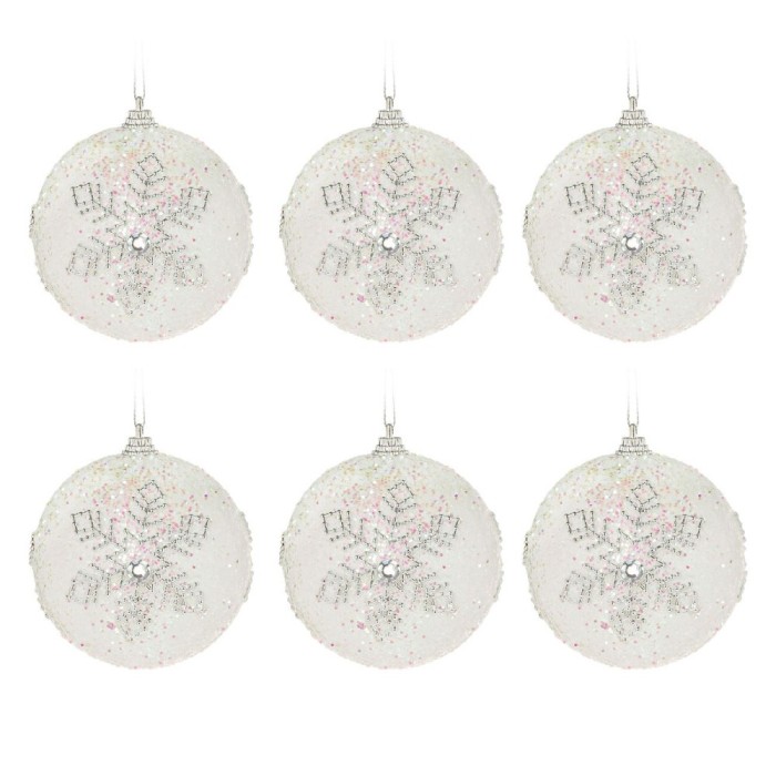 Set Globuri de Crăciun, Model Fulg, Glitter Irizat, 6 Bucăți, Culoare Albă și Argintie, Dimensiune 8cm