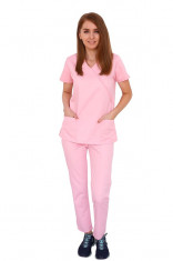 Costum medical roz cu bluza in forma Y cambrata si pantaloni roz L INTL foto