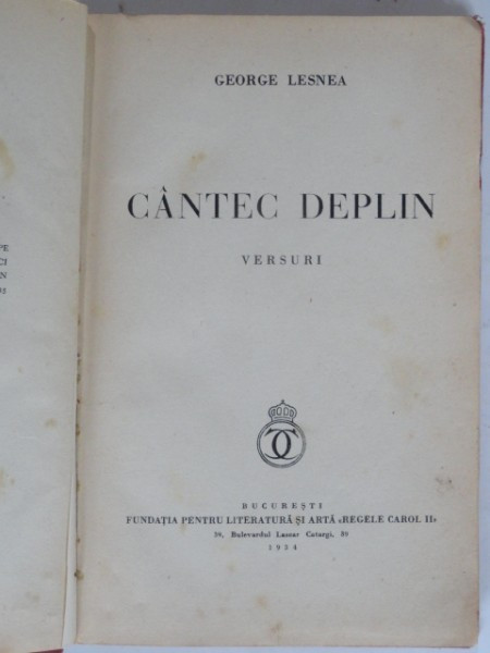 Cantec Deplin , George Lesnea , 1934 (cu dedicatie)