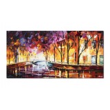 Tablou pictat manual gigant, Peisaj citadin, impresionist, 140x70cm ulei pe panza in cutit efect 3D, gata de expus pe perete