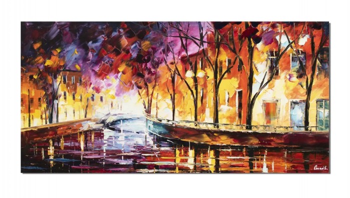Tablou pictat manual gigant, Peisaj citadin, impresionist, 140x70cm ulei pe panza in cutit efect 3D, gata de expus pe perete