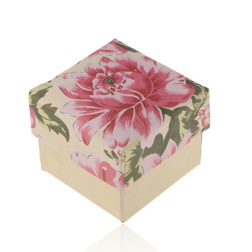 Cutiuță din h&acirc;rtie pentru inel sau cercei, culoare bej-perlat cu floare roz