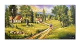 Cumpara ieftin Tablou peisaj rural pictat manual, Amintiri la bunici, 120x60cm ulei pe panza, Constantin Feraru