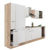 Yorki 300 &ndash; mobilier de bucătărie cu corp din stejar Sonoma, cu fațade albe cu finisaj satinat și dulap cu rafturi, fără blat de lucru