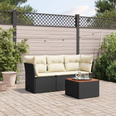 Set mobilier de gradina cu perne, 4 piese, negru, poliratan