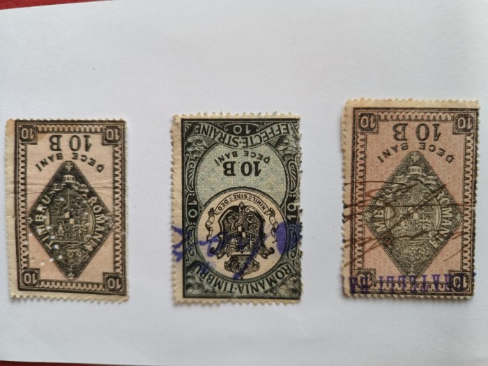 lot trei timbre fiscale ,,Dece Bani ,, Romania Regala
