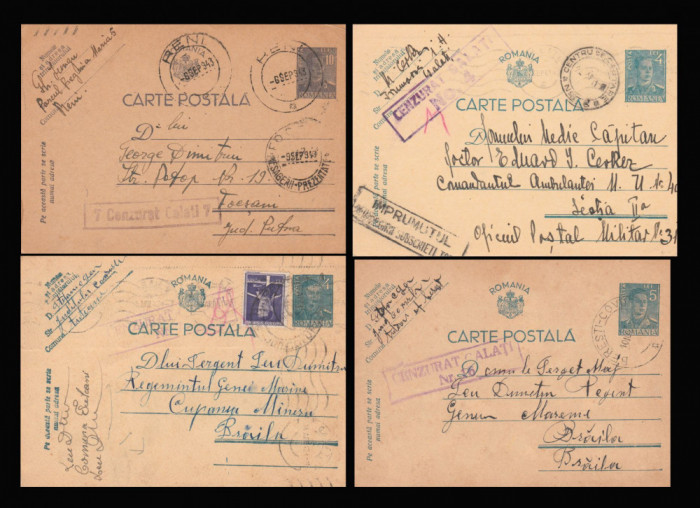1941-1943 Romania - 4 CP intreguri cu stampile de cenzura GALATI 4 / 16 / 7