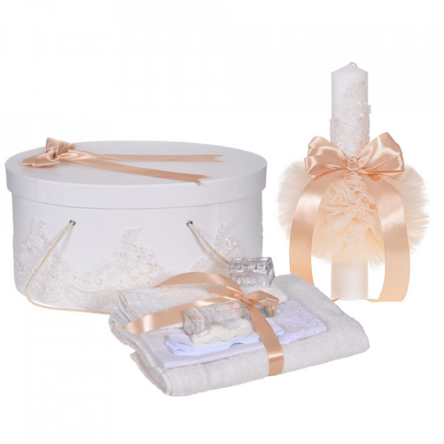 Set elegant trusou botez, cutie trusou si lumanare, decor dantela Crem diafana,