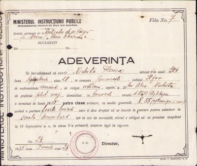 HST A1187 Adeverință absolvire 4 clase 1935 Elena Doamna București foto