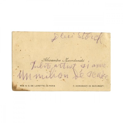 Alexandru Macedonski, carte de vizită cu &amp;icirc;nsemnare olografă foto