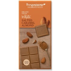 Ciocolata alba cu migdale si caramel sarat bio, 70g, Benjamissimo