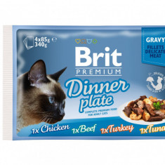 Brit Premium Multipack Dinner Plate, 4 arome, pachet mixt, plic hrană umedă pisici, (în sos), 4 x 85g