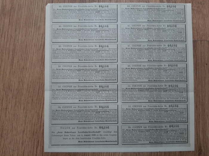Actiuni cupoane la cota prioritară taloane Bucovina 1922 cale ferata 1929