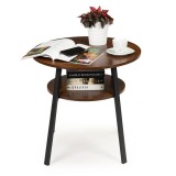 Masuta Cafea Modern Home, Stil Loft Modern, Rotunda, Metal si Lemn, &Oslash;60cm H58cm, Negru Mat, cu Raft Functional