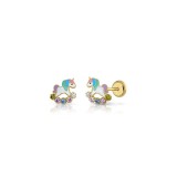 Cumpara ieftin Cercei Copii din Aur 14K, model Unicorni Email cu Pietre CZ multicolor, inchidere cu Filet si Protectie