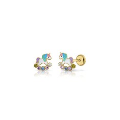 Cercei Copii din Aur 14K, model Unicorni Email cu Pietre CZ multicolor, inchidere cu Filet si Protectie