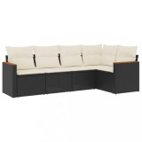 Set mobilier de gradina cu perne, 5 piese, negru, poliratan