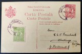 ROMANIA 1925 - Intreg Postal 4 lei rosu Ferdinand - circulat Cernauti (Bucovina) - Kloetinge (Olanda) - suprafrancat 2 lei - expeditor DR. PAUL WOTTA