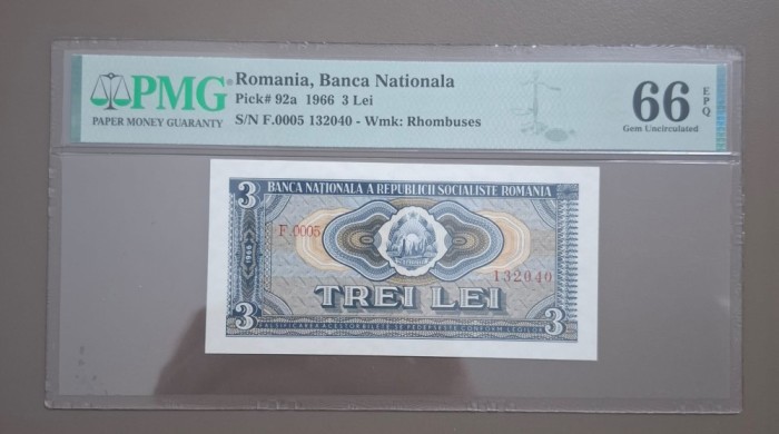 BANCNOTA 3 lei 1966 UNC GRADATA PMG 66 EPQ