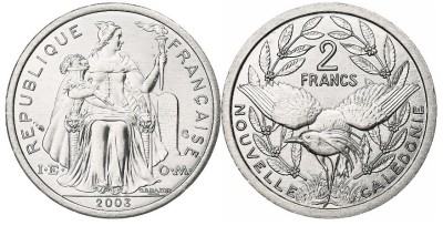 New Caledonia 2003 - 2 francs, aluminiu, UNC foto