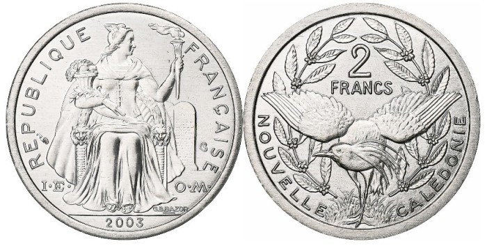 New Caledonia 2003 - 2 francs, aluminiu, UNC
