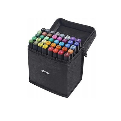 Set de 40 markere colorate,1 varf rotund subtire,1 varf inclinat gros,geanta depozitare inclusa foto