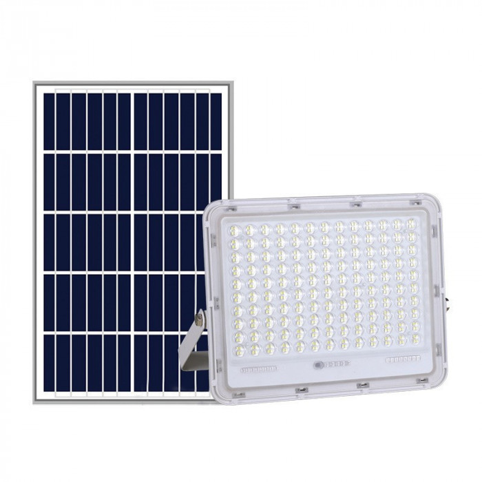 Proiector LED cu Panou Solar Flippy, Senzor de lumina Waterproof, 100W, 23x18 cm, suport U inclus, panou afisaj nivel baterie, telecomanda, 220V, Desi