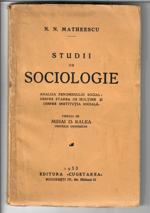N. N. Matheescu, Studii de Sociologie ( dedicatie catre Serban Milcoveanu), 1933