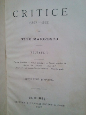 Titu Maiorescu - Critice (1867-1892) (1892) foto