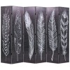 Paravan Camera Pliabil Gossi, Negru &amp; Alb, 228x170 cm, Imprimeu Pene, Decorativ, Despartitor Camera, Cadru Lemn Masiv