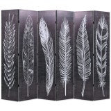 Paravan cameră pliabil, negru&amp;alb, 228 x 170 cm, imprimeu pene