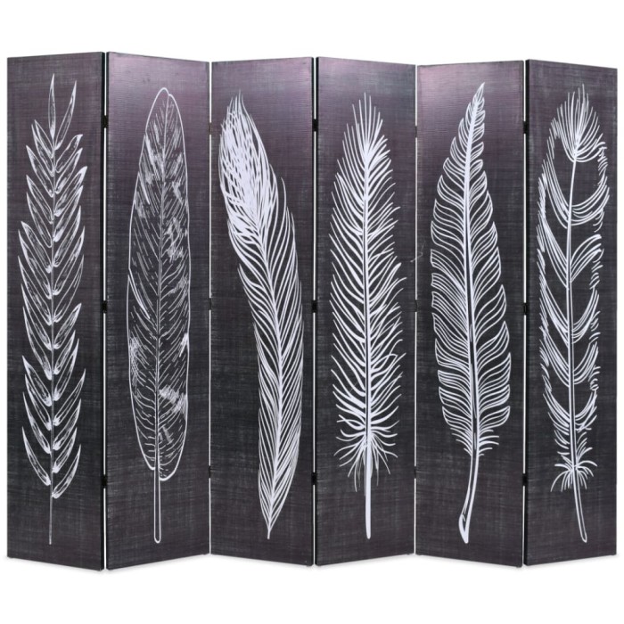 Gossi paravan camera pliabil, negru&amp;alb, 228 x 170 cm, imprimeu pene