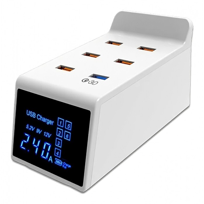 Incarcator Retea Statie USB OEM CDA31, 6 x USB, 40W, Quick Charge, Afisaj Led, Alb