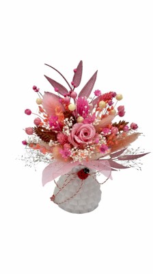 Marturie Martisor tip magnet de frigider cu trandafir criogenat si plante naturale uscate - Roz Alb foto