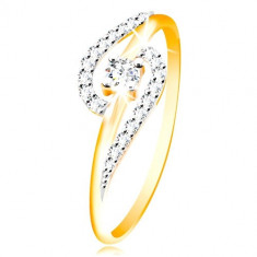 Inel din aur de 14K - arce cu mici zirconii, zirconiu rotund mai mare în mijloc - Marime inel: 51