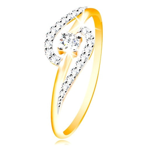 Inel din aur de 14K - arce cu mici zirconii, zirconiu rotund mai mare &icirc;n mijloc - Marime inel: 50