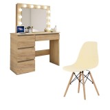 Masa de toaleta/machiaj + Scaun stil scandinav, Artool, stejar wotan, cu oglinda si LED-uri, 94x43x141 cm