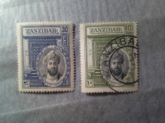 2 Timbre Zanzibar 1936 ocupatie britanica Sultan Chalifa bin Harub 10c stampilat si 30c nestampilat
