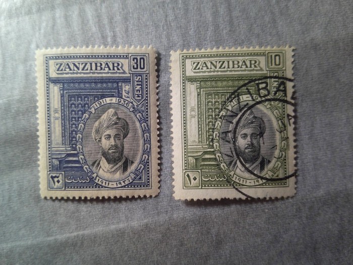 2 Timbre Zanzibar 1936 ocupatie britanica Sultan Chalifa bin Harub 10c stampilat si 30c nestampilat