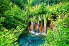 Fototapet de perete autoadeziv si lavabil Cascada56 Cascada din padurea verde, 250 x 200 cm foto