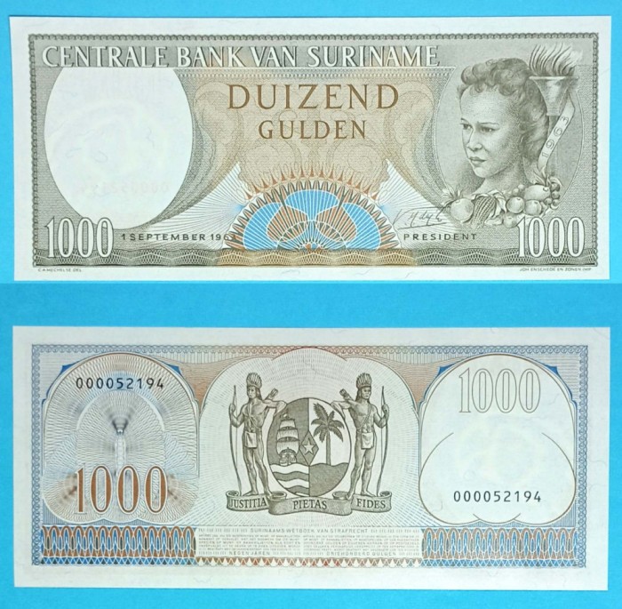 Surinam 1.000 Gulden 1963 &#039;Nativă și torță&#039; UNC serie: 000052194 p#124
