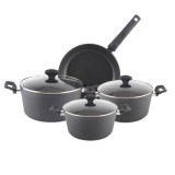 Set 7 piese Zilan, oale, tigaie, capace, aluminiu, interior teflon, manere bachelita, negru, Zilan Floria