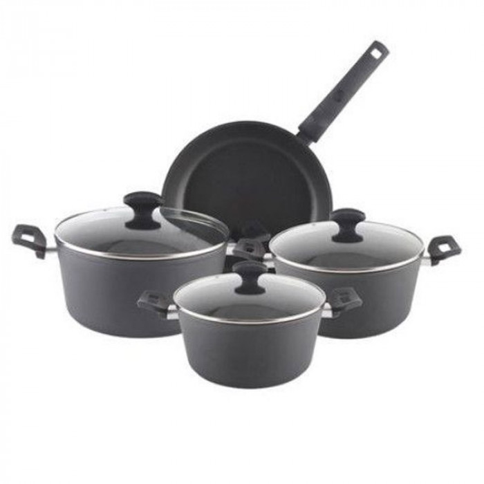 Set 7 piese Zilan, oale, tigaie, capace, aluminiu, interior teflon, manere bachelita, negru