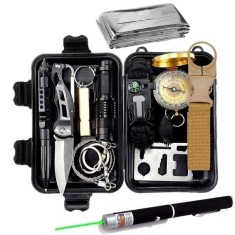 Kit supravietuire 13 in 1 pentru camping si urgente, trusa compacta cu busola, lanterna, cutit pliabil, laser si accesorii outdoor