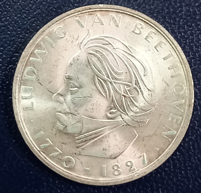 (A158) MONEDA DIN ARGINT GERMANIA - 5 MARK 1970, LIT. F, 200 ANI DE LA NASTEREA LUI BEETHOVEN