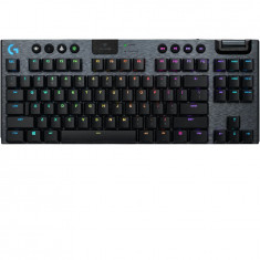 Tastatura mecanica gaming Logitech G915 TKL, Ultraslim, Lightspeed Wireless &amp; Bluetooth, Lightsync RGB, Switch Tactil, Negru Carbon