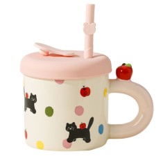 Cana din Ceramica cu Capac si Pai, Cyrax, Capacul si Paiul din Silicon Roz, 9x8.5 cm, Model Cute B, Capacitate 380ml foto