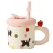 Cana din Ceramica cu Capac si Pai, Cyrax, Capacul si Paiul din Silicon Roz, 9x8.5 cm, Model Cute B, Capacitate 380ml