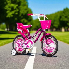 Bicicleta 12 inch, roti ajutatoare, cos fata, scaun papusi, cadru otel 7 inch, mov/alb, , Visitor Little Heart